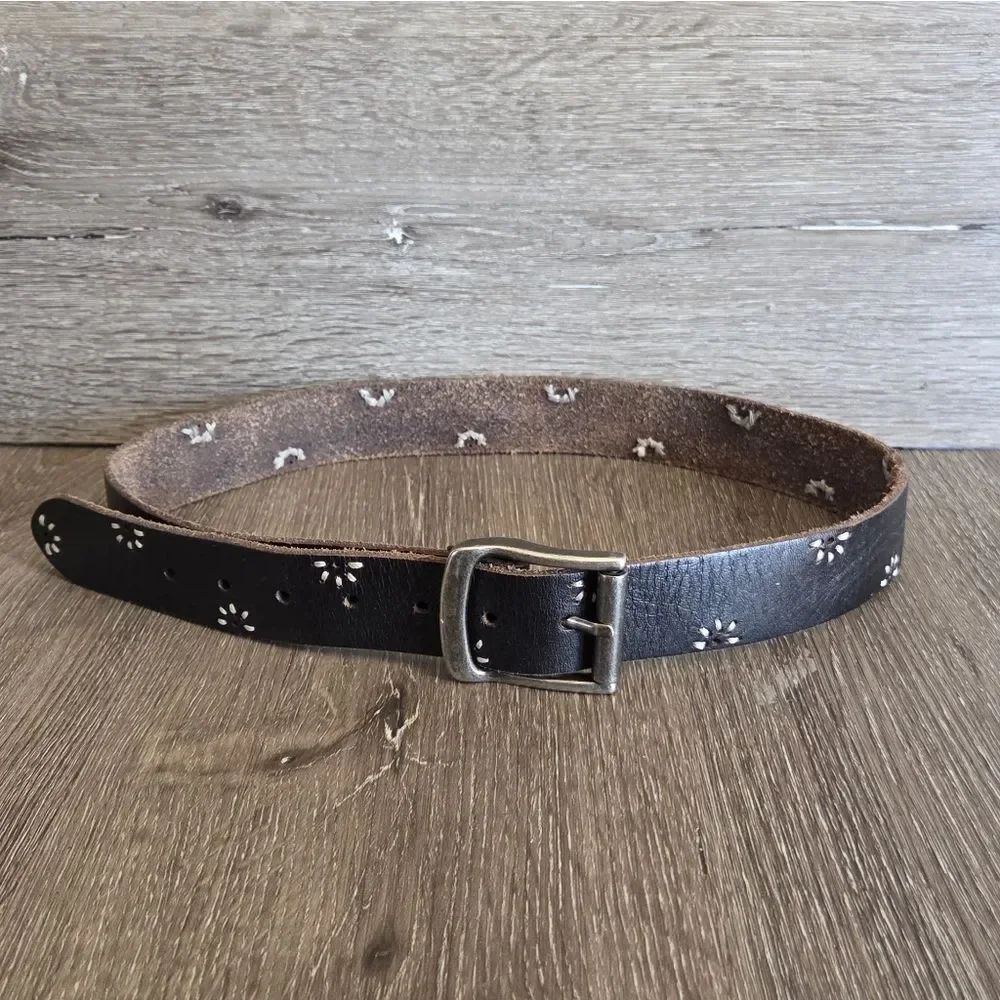American Eagle Outfitters Floral Embroidered Black Leather Belt Small